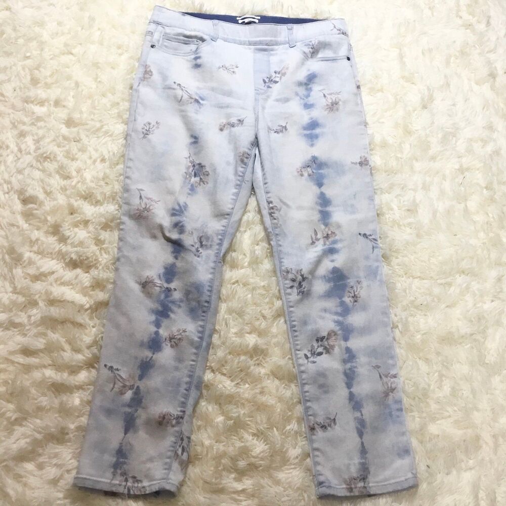 Pull on floral stretchy jeans bleach wash denim pink blue flowers waist 35"-38"